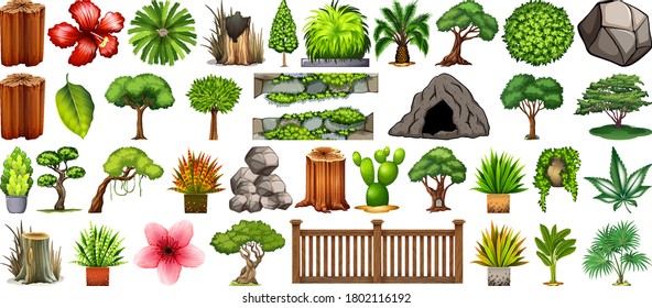 Set of different nature isolated on white background illustration