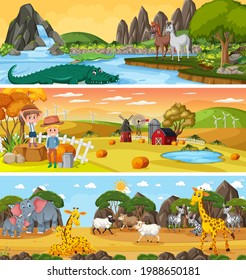 Set of different nature landscape at daytime scene with cartoon character illustration