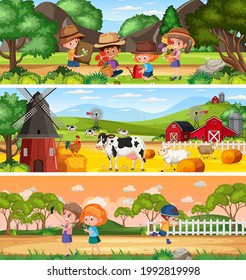 Set of different nature landscape at daytime scene with cartoon character illustration