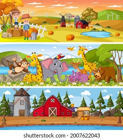 Set of different nature landscape at daytime scene with cartoon character illustration