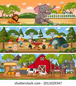 Conjunto de paisajes naturales diferentes en la escena diurna con ilustración de caricaturas