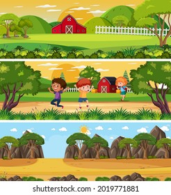 Set of different nature landscape at daytime scene with cartoon character illustration