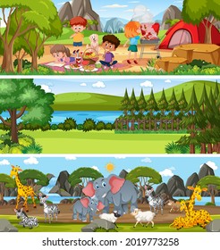 Set of different nature landscape at daytime scene with cartoon character illustration