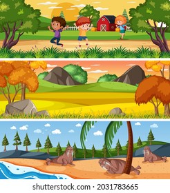 Unterschiedliche Naturlandschaften am Tag mit Cartoon-Zeichentrickgrafik