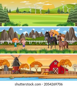 Set of different nature landscape at daytime scene with cartoon character illustration