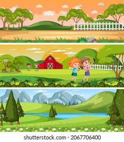 Set of different nature landscape at daytime scene with cartoon character illustration