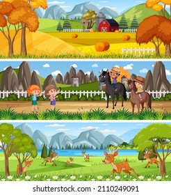 Conjunto de paisajes naturales diferentes en la escena diurna con ilustración de caricaturas