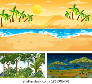 Set of different nature landscape scenes illustration