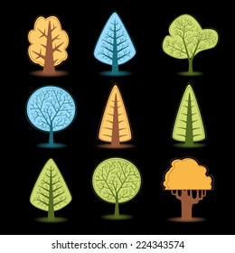 Set of different nature objects, Christmas trees drawings of base colors.