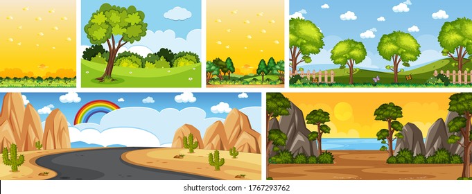 Conjunto de escenas de diferentes lugares naturales en escenas verticales y horizontales en la ilustración diurna