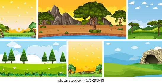 Set of different nature place scene in vertical and horizon scenes at daytime illustration