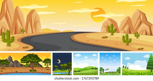 Set of different nature place scene in vertical and horizon scenes at daytime and night illustration
