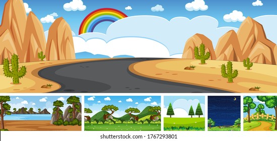 Set of different nature place scene in vertical and horizon scenes at daytime and night illustration