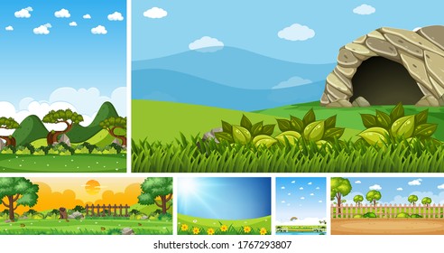 Set of different nature place scene in vertical and horizon scenes at daytime illustration