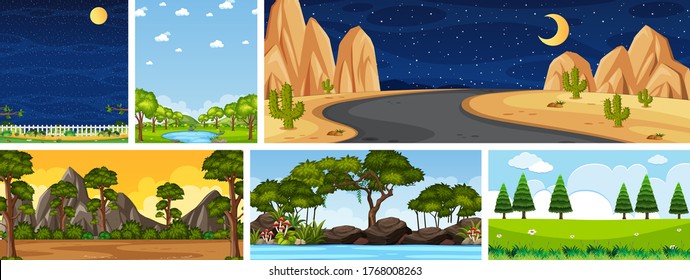 Set of different nature place scene in vertical and horizon scenes at daytime and night illustration