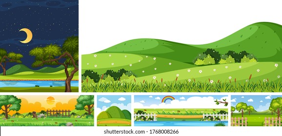 Set of different nature place scene in vertical and horizon scenes at daytime and night illustration