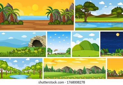 Set of different nature place scene in vertical and horizon scenes at daytime and night illustration