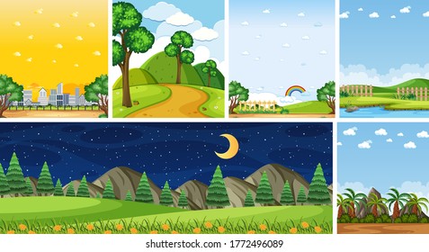 Set von verschiedenen Naturstandorten in vertikalen und Horizontszenen bei Tages- und Nachtgrafik