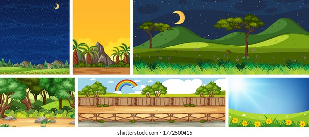 Escena de diferentes lugares naturales en escenas verticales y horizontales en ilustración diurna y nocturna