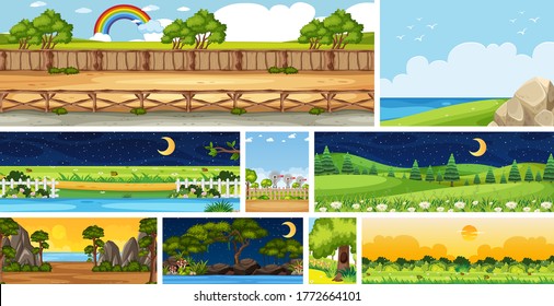 Set of different nature place scene in vertical and horizon scenes at daytime and night illustration