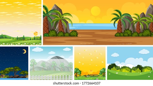 Set of different nature place scene in vertical and horizon scenes at daytime and night illustration