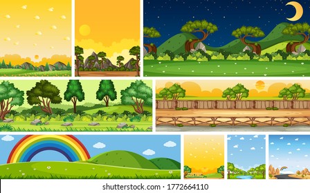 Escena de diferentes lugares naturales en escenas verticales y horizontales en ilustración diurna y nocturna
