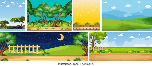 Escena de diferentes lugares naturales en escenas verticales y horizontales en ilustración diurna y nocturna