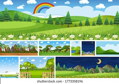 Set of different nature place scene in vertical and horizon scenes at daytime and night illustration