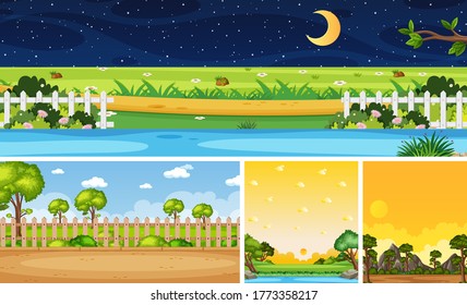Escena de diferentes lugares naturales en escenas verticales y horizontales en ilustración diurna y nocturna