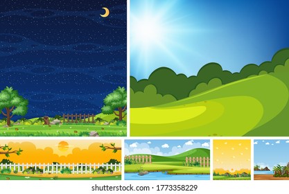 Set of different nature place scene in vertical and horizon scenes at daytime and night illustration
