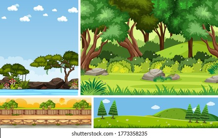 Set of different nature place scene in vertical and horizon scenes at daytime illustration