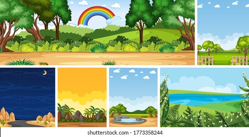 Set of different nature place scene in vertical and horizon scenes at daytime and night illustration
