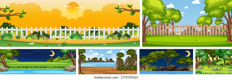 Escena de diferentes lugares naturales en escenas verticales y horizontales en ilustración diurna y nocturna