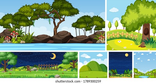Set of different nature place scene in vertical and horizon scenes at daytime and night illustration