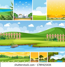 Conjunto de escenas de diferentes lugares naturales en escenas verticales y horizontales en la ilustración diurna