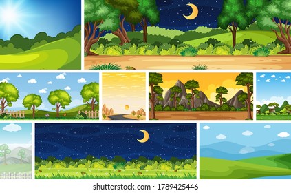 Escena de diferentes lugares naturales en escenas verticales y horizontales en ilustración diurna y nocturna