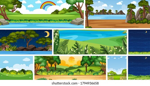 Set of different nature place scene in vertical and horizon scenes at daytime and night illustration