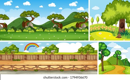 Set of different nature place scene in vertical and horizon scenes at daytime illustration