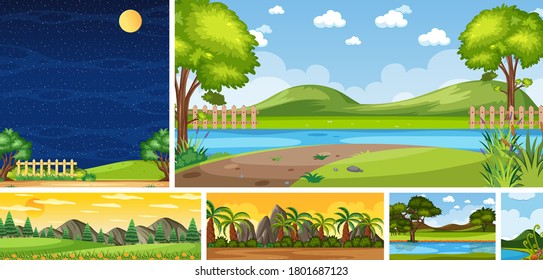 Set of different nature place scene in vertical and horizon scenes at daytime and night illustration