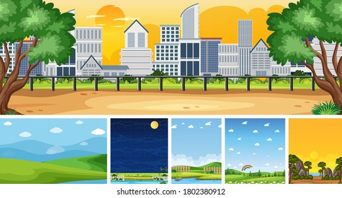 Set of different nature place scene in vertical and horizon scenes at daytime and night illustration