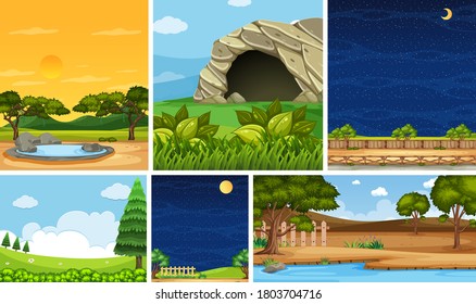 Set of different nature place scene in vertical and horizon scenes at daytime and night illustration