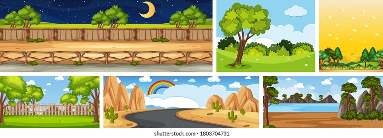 Set of different nature place scene in vertical and horizon scenes at daytime and night illustration