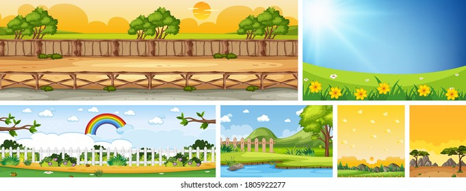 Conjunto de escenas de diferentes lugares naturales en escenas verticales y horizontales en la ilustración diurna
