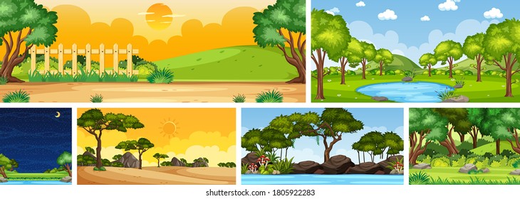 Escena de diferentes lugares naturales en escenas verticales y horizontales en ilustración diurna y nocturna