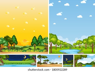 Set of different nature place scene in vertical and horizon scenes at daytime and night illustration