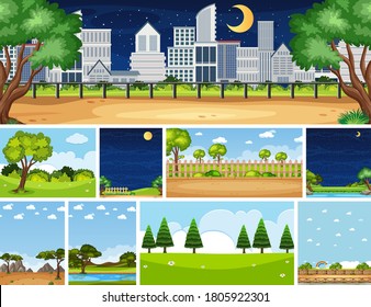 Set of different nature place scene in vertical and horizon scenes at daytime and night illustration