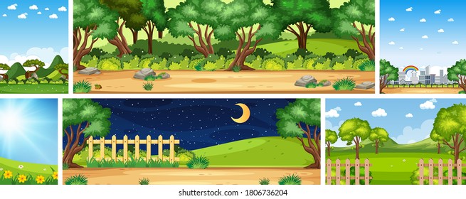Escena de diferentes lugares naturales en escenas verticales y horizontales en ilustración diurna y nocturna