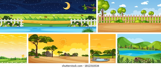 Set of different nature place scene in vertical and horizon scenes at daytime and night illustration