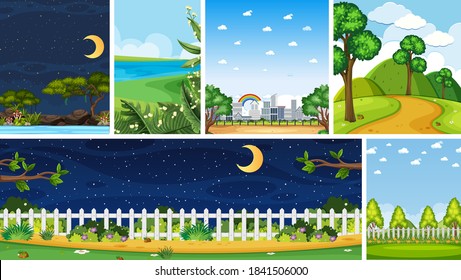 Set of different nature place scene in vertical and horizon scenes at daytime and night illustration
