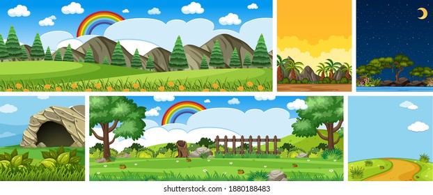 Set of different nature place scene in vertical and horizon scenes at daytime and night illustration